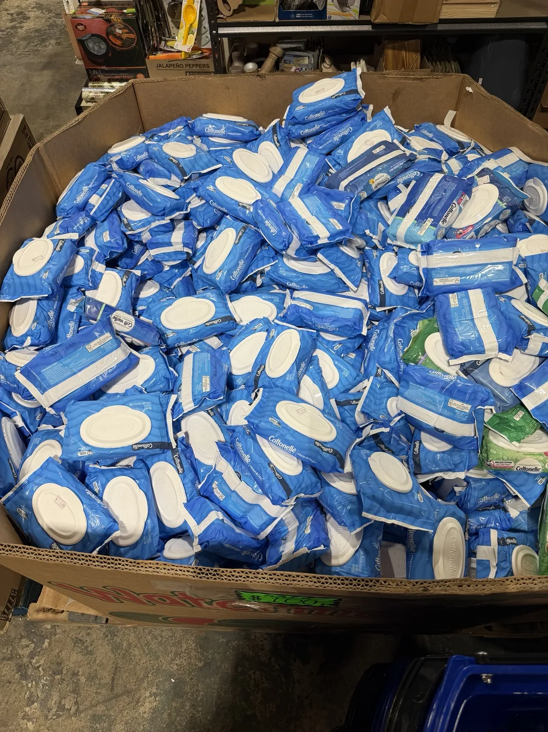 Large bin of Cottonelle wipes