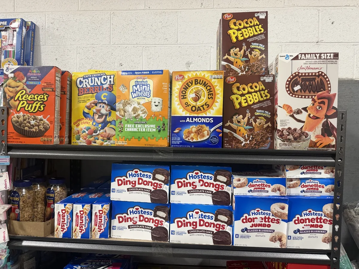 Cereal and snack foods on shelves