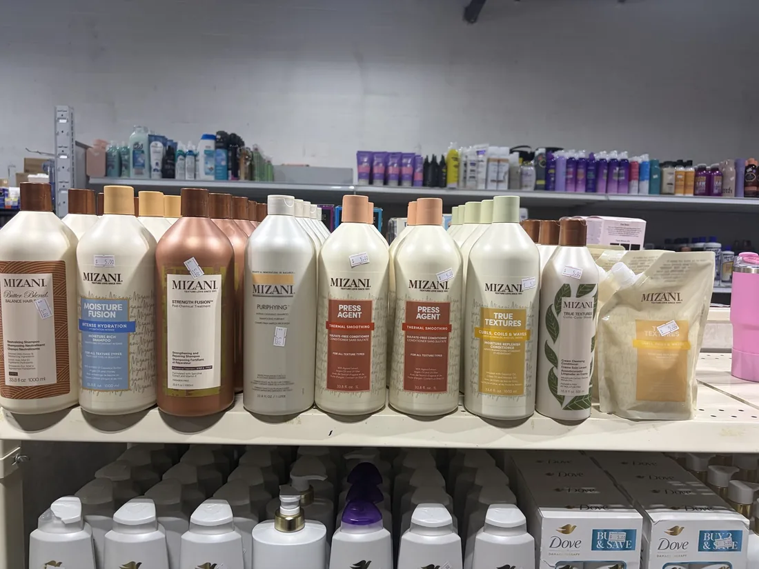 Mizani hair care products on shelf