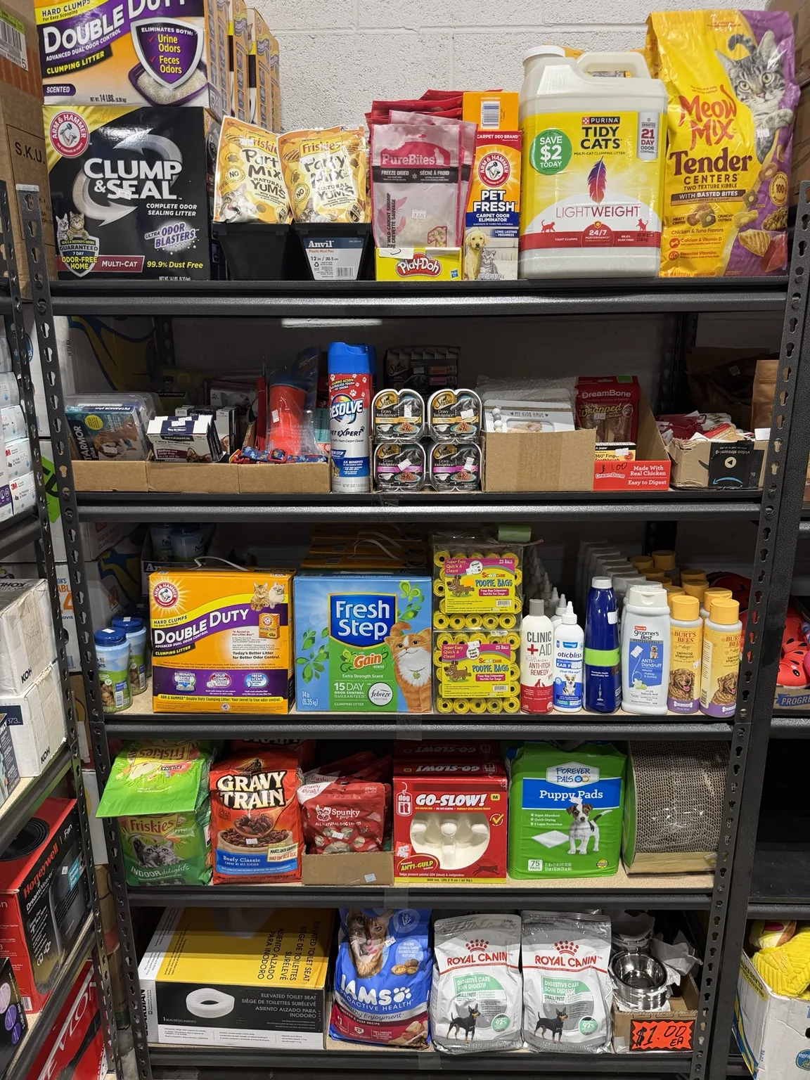Pet food and supplies on shelves