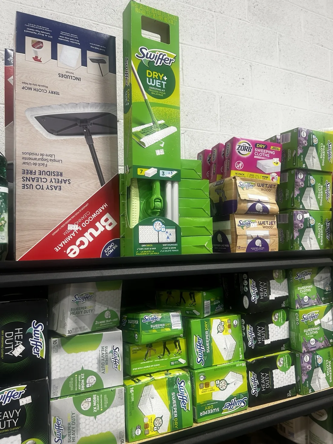 Swiffer cleaning products on shelves